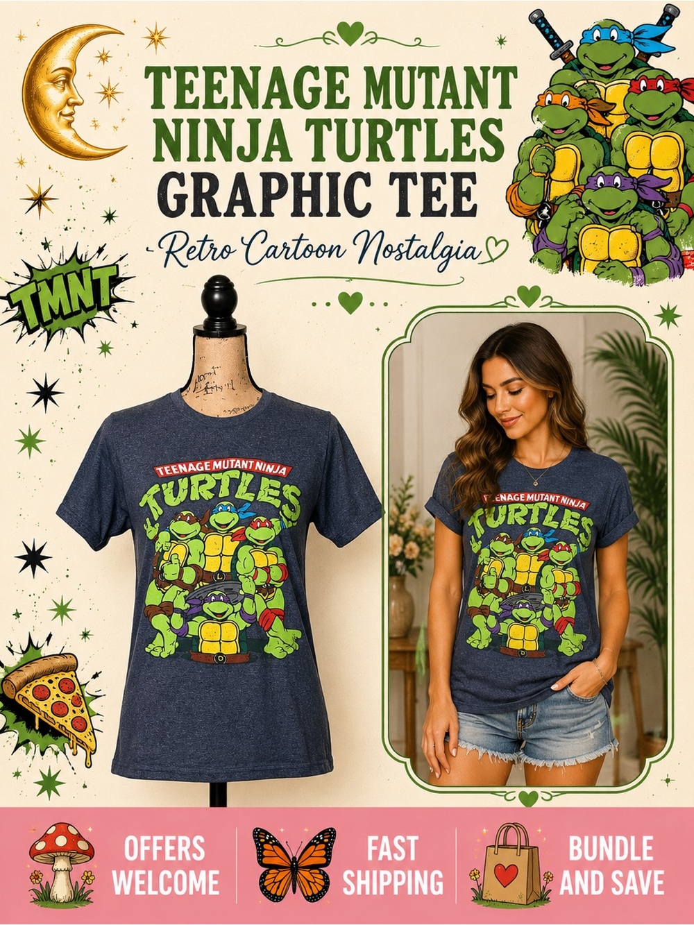 Teenage Mutant Ninja Turtles Graphic T-Shirt Retro Cartoon Tee Blue Small